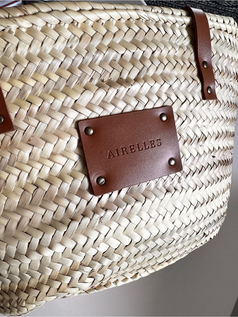 Airelles Natural Woven Straw Tote with Brown Leather Trim